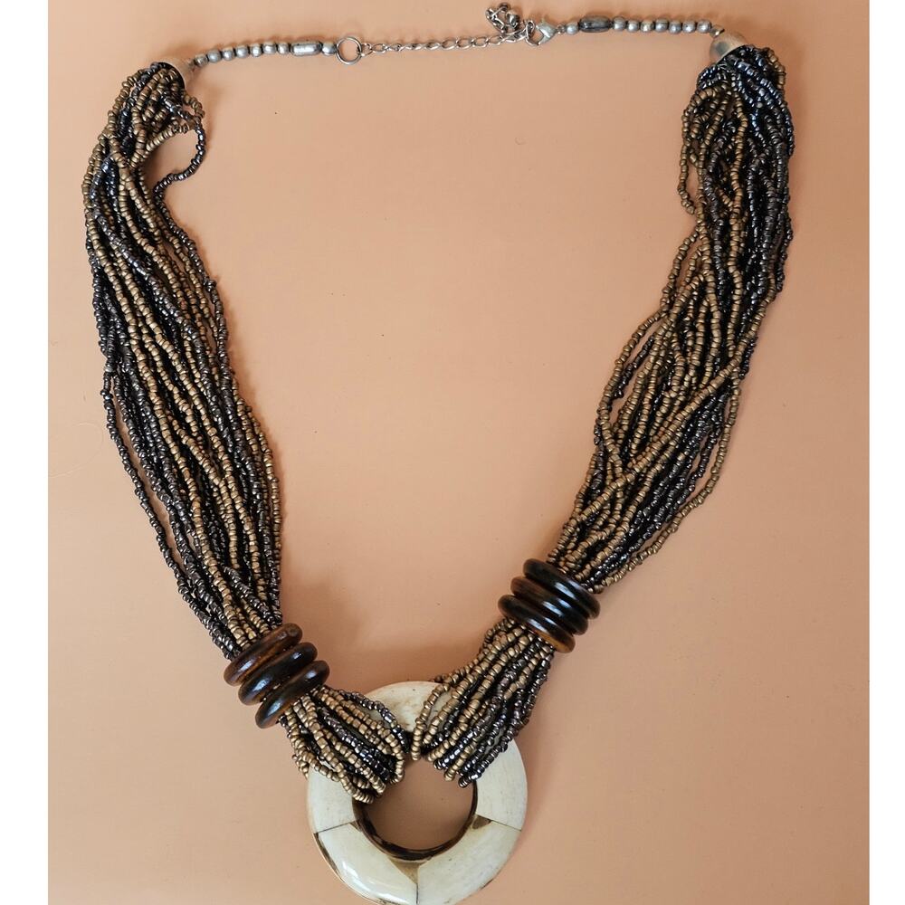 Vintage 80s Maximalist Multi Strand Brown Black Beaded Statement Necklace - Picture 5 of 7